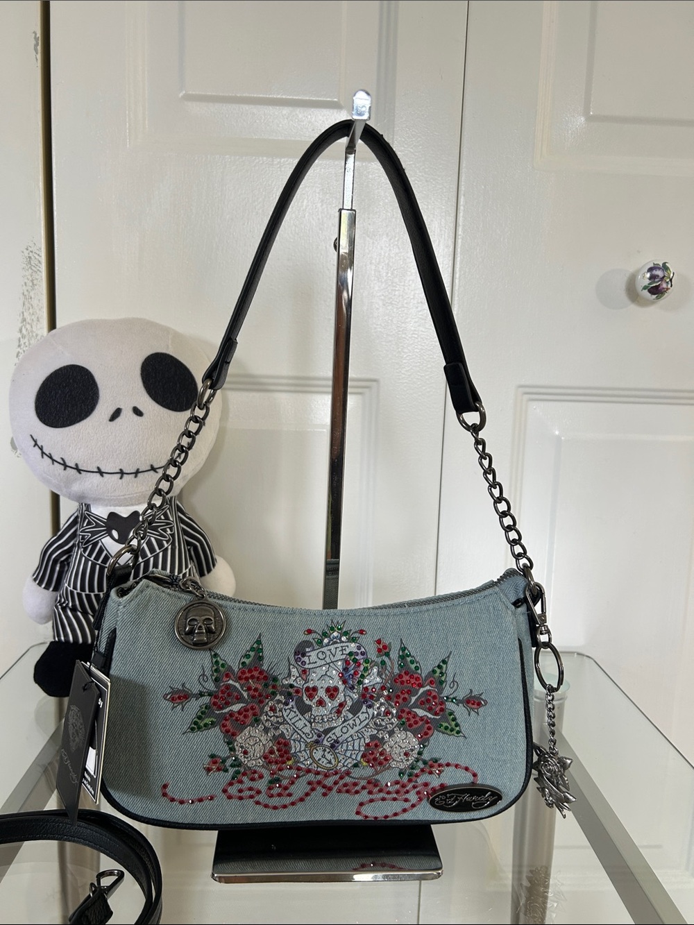 NWT Ed Hardy Light Blue Denim Shoulder Bag with Red Floral Tattoo Embroidery